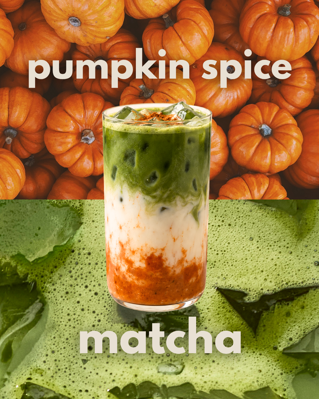 Iced pumpkin spice matcha latte layered with pumpkin spice, milk, and green matcha, set against orange pumpkins and vibrant matcha. White text reads, “pumpkin spice” and “matcha.”