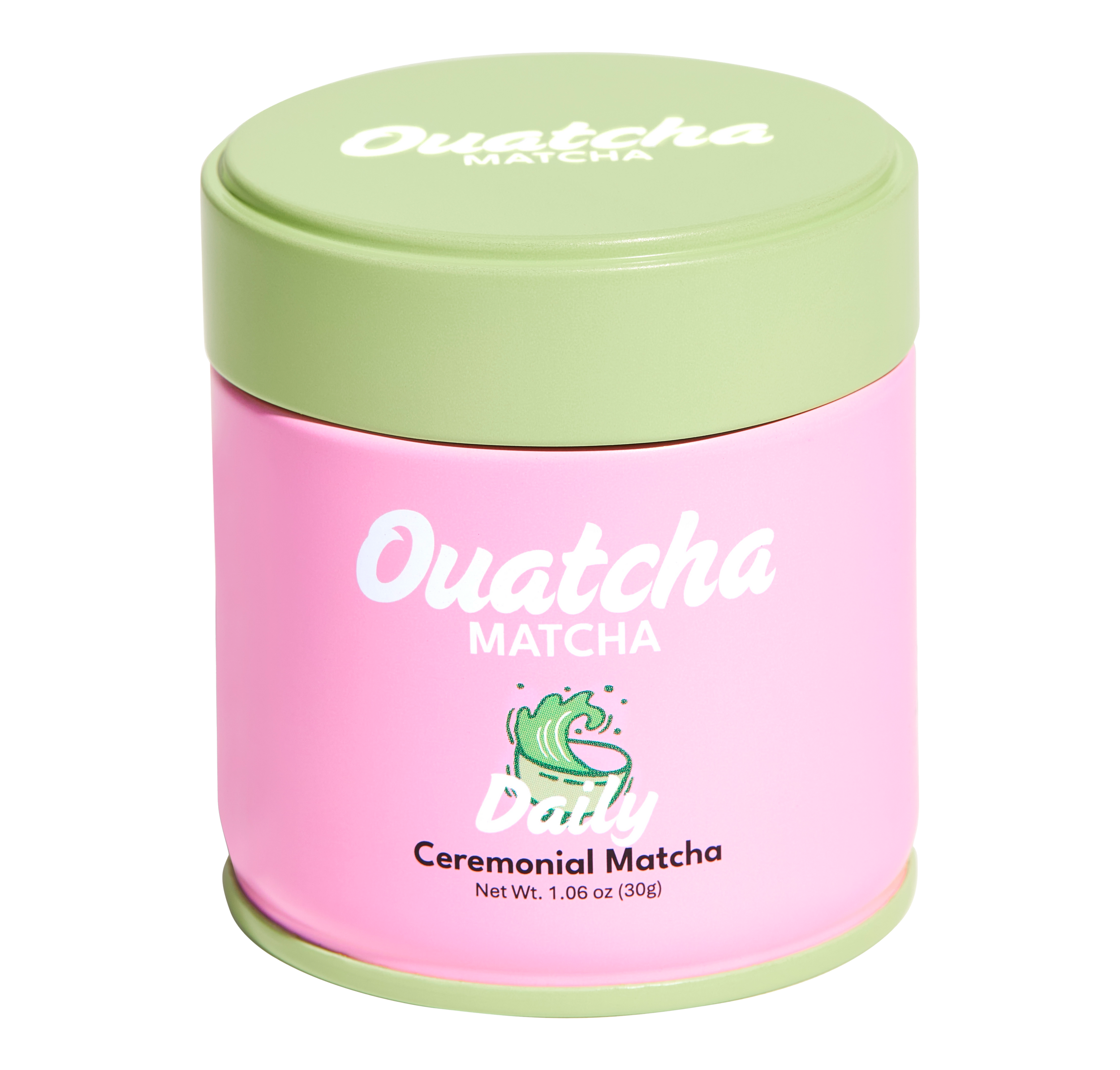 Pink Ouatcha Matcha Daily ceremonial matcha tin with a light green lid, labeled “Ouatcha Matcha – Daily – Ceremonial Matcha, Net Wt. 1.06 oz (30 g).