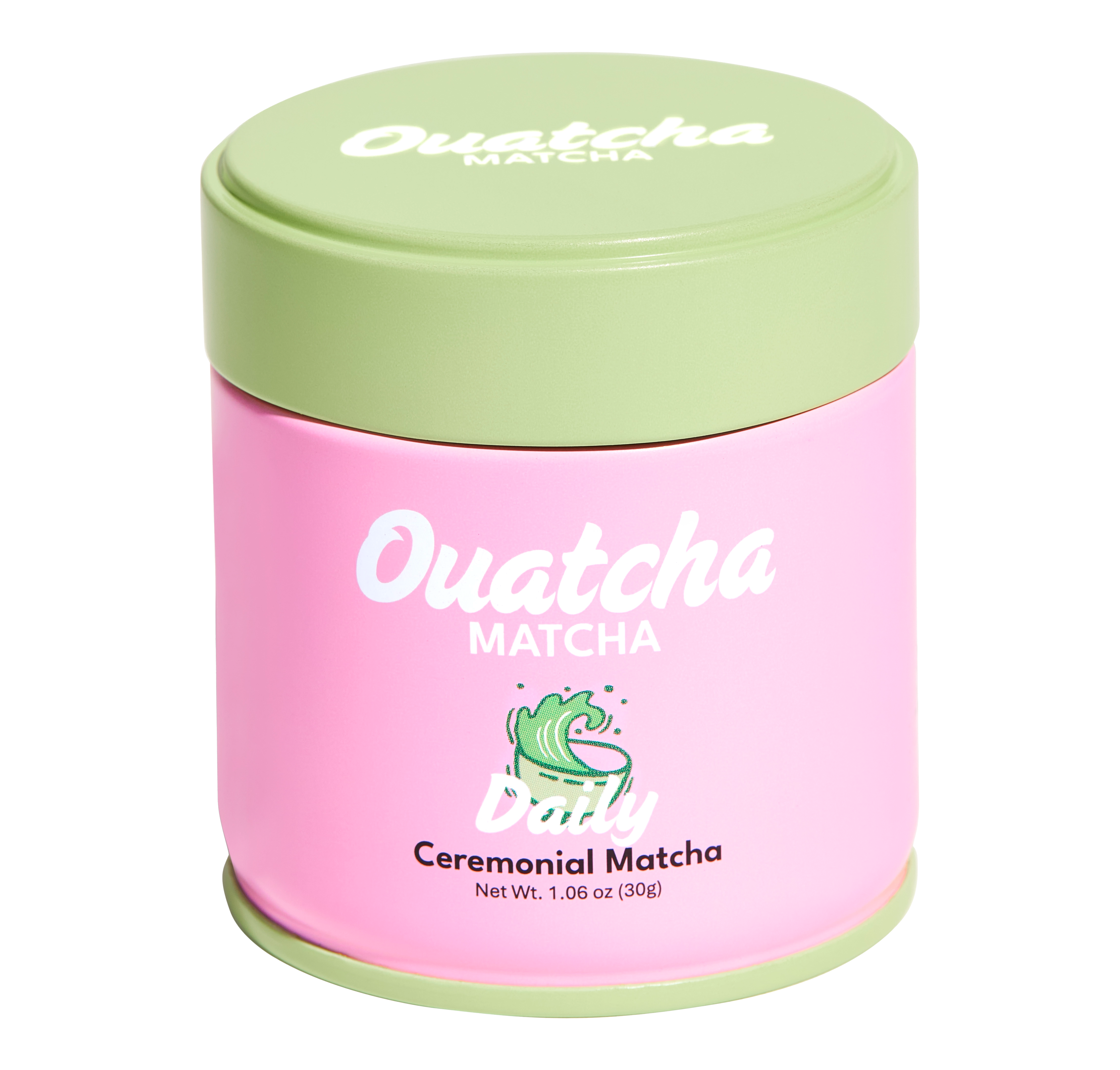 Pink Ouatcha Matcha Daily ceremonial matcha tin with a light green lid, labeled “Ouatcha Matcha – Daily – Ceremonial Matcha, Net Wt. 1.06 oz (30 g).