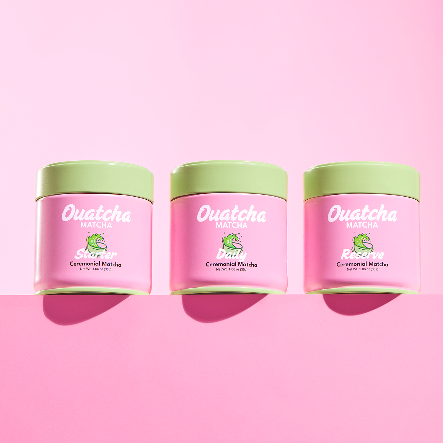 Three ceremonial matcha tins of Ouatcha Matcha representing the starter, daily and reserve product. 