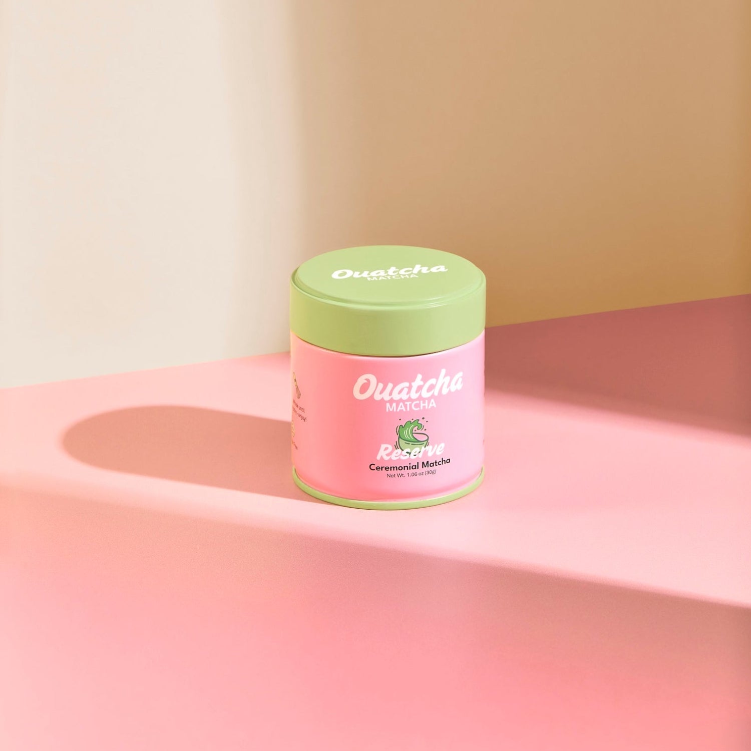 Reserve Ouatcha Matcha ceremonial-grade first harvest matcha tin against a soft pink background