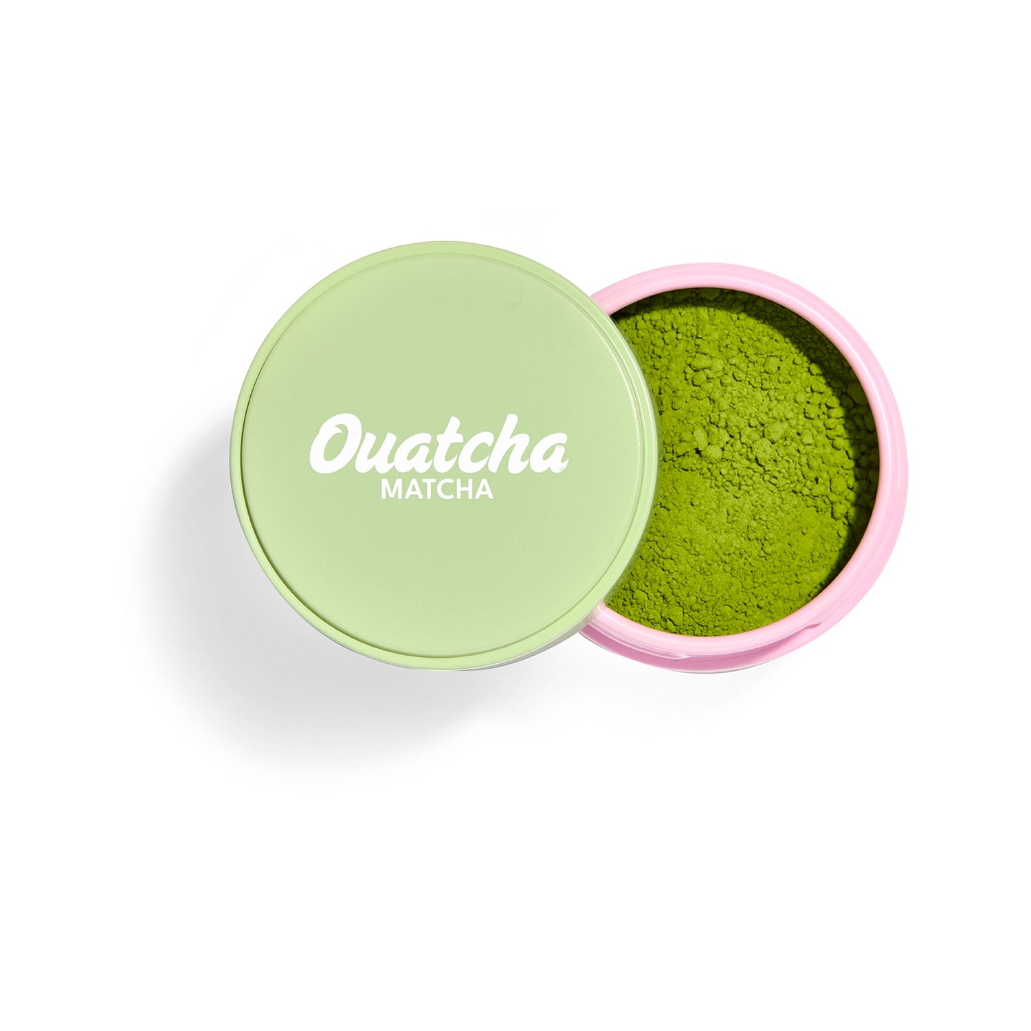Ouatcha Matcha tin with green ceremonial matcha on a white background