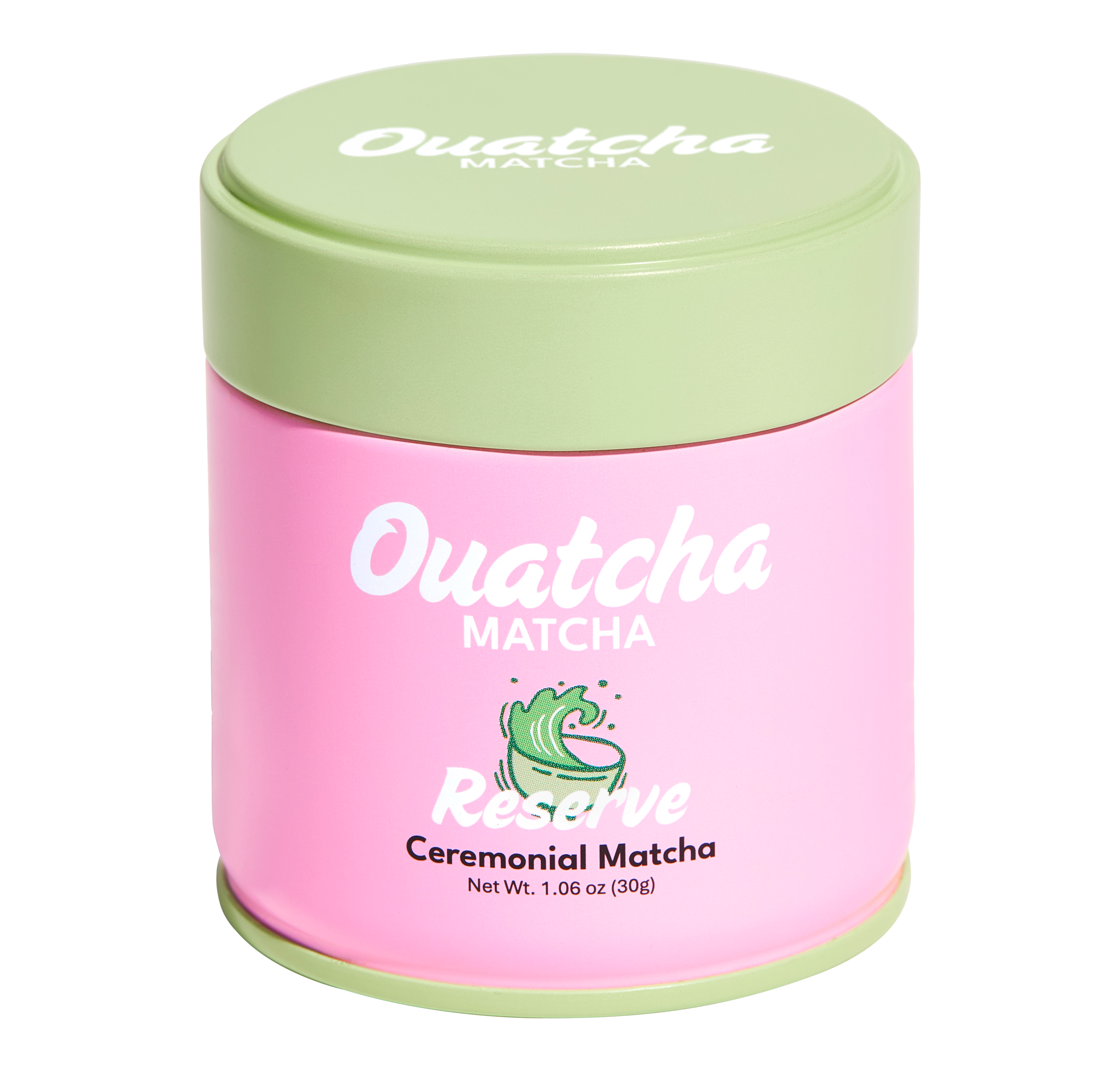 Pink Ouatcha Matcha Reserve ceremonial matcha tin with a light green lid, labeled “Ouatcha Matcha – Reserve – Ceremonial Matcha, Net Wt. 1.06 oz (30 g).