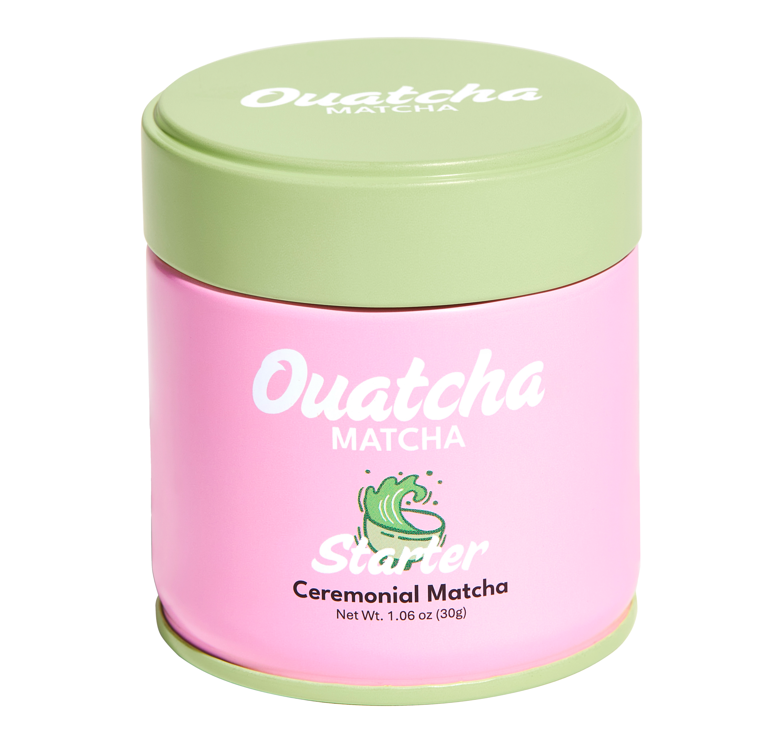 Pink Ouatcha Matcha Starter ceremonial matcha tin with a light green lid, labeled “Ouatcha Matcha – Reserve – Ceremonial Matcha, Net Wt. 1.06 oz (30 g).