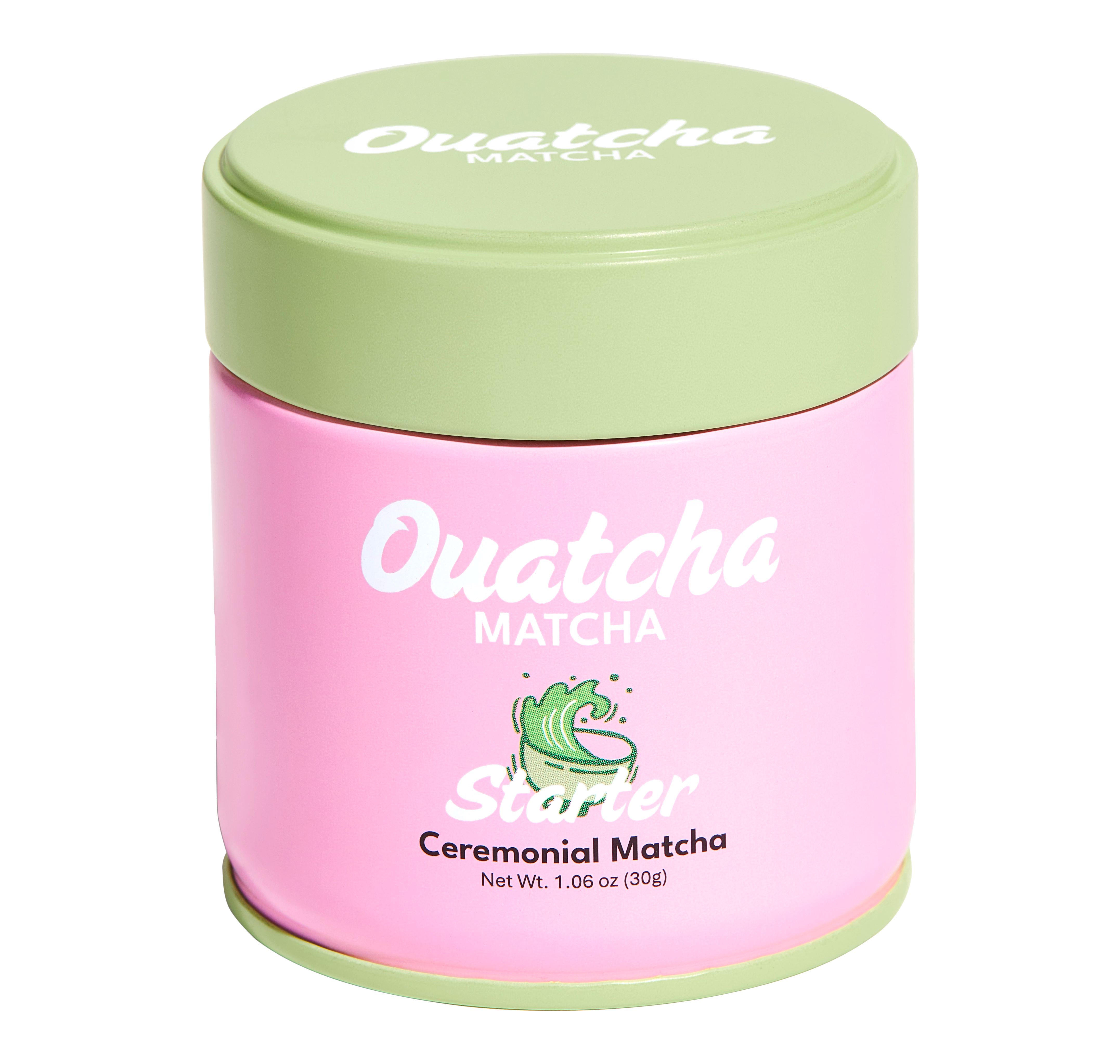 Pink Ouatcha Matcha Starter ceremonial matcha tin with a light green lid, labeled “Ouatcha Matcha – Reserve – Ceremonial Matcha, Net Wt. 1.06 oz (30 g).